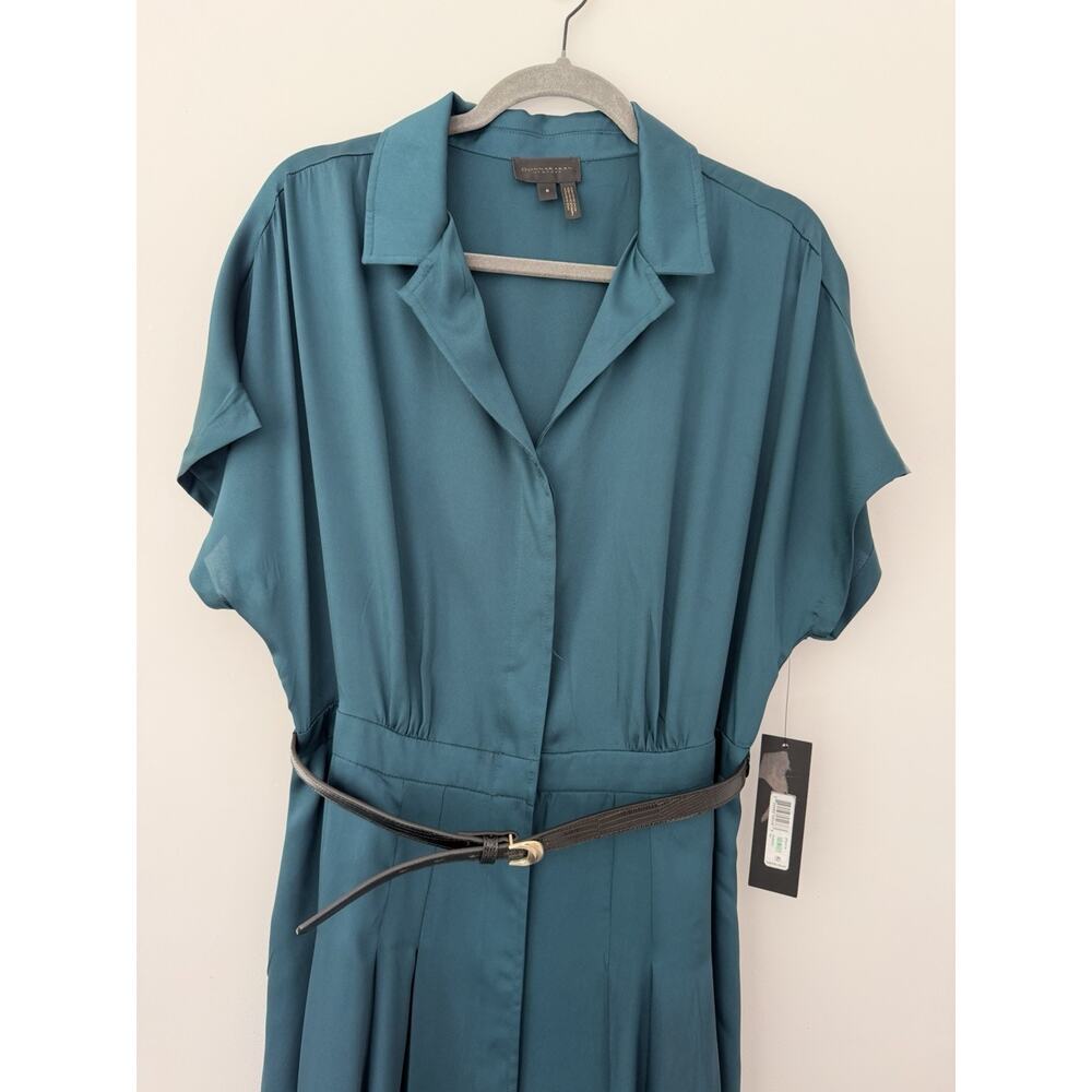 NWT Donna Karan New York Dress 8 Teal Belted Pleated Midi Shirt Dress Cocktail - Picture 4 of 10